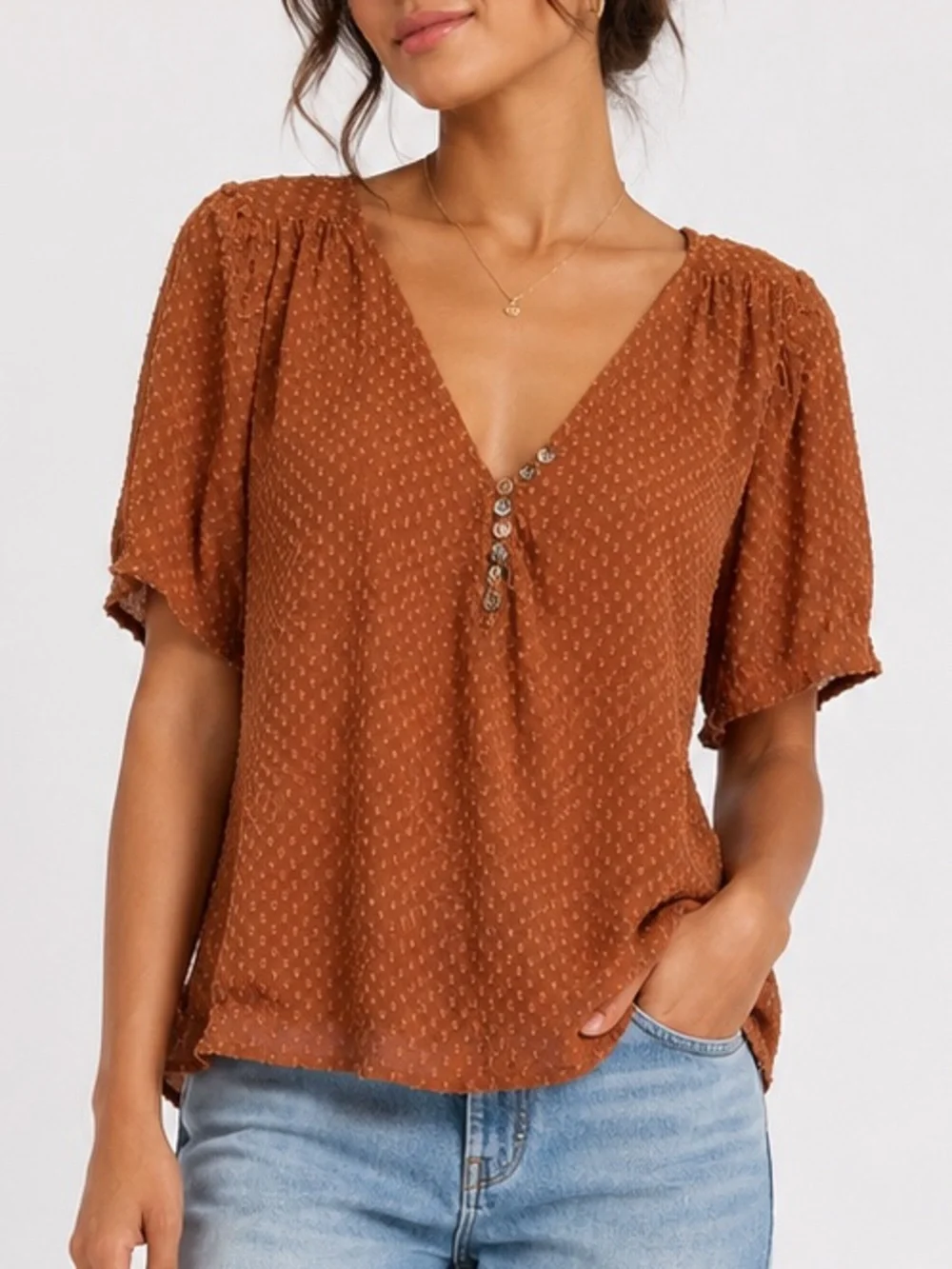 Johnny Was Brown Swiss Dot Boho Peasant Blouse L Ruffle V-Neck Top - Picture 1 of 8
